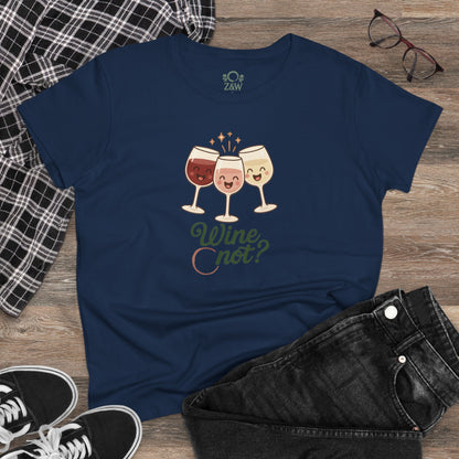 Wine Not Tee displayed on a flat lay with a casual outfit, featuring playful cartoon wine glasses on a dark navy t-shirt, appealing to wine enthusiasts.