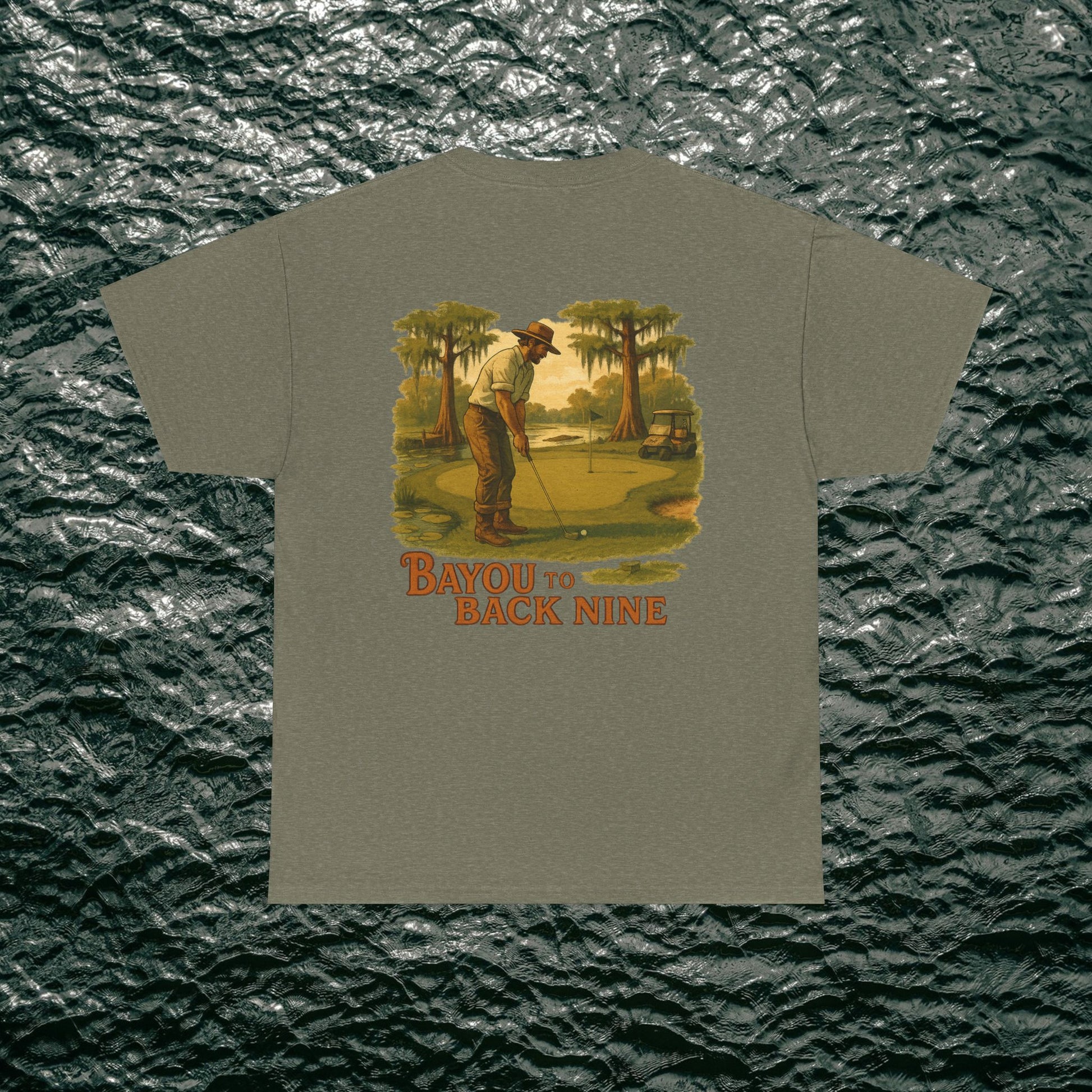 Stylish 'Bayou To Back Nine' Softstyle Golf Tee featuring a golfer silhouette on a serene backdrop, perfect for casual outings.