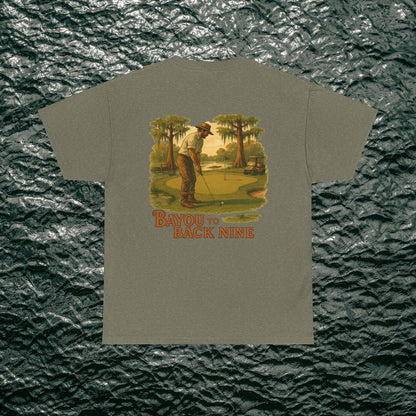 Stylish 'Bayou To Back Nine' Softstyle Golf Tee featuring a golfer silhouette on a serene backdrop, perfect for casual outings.