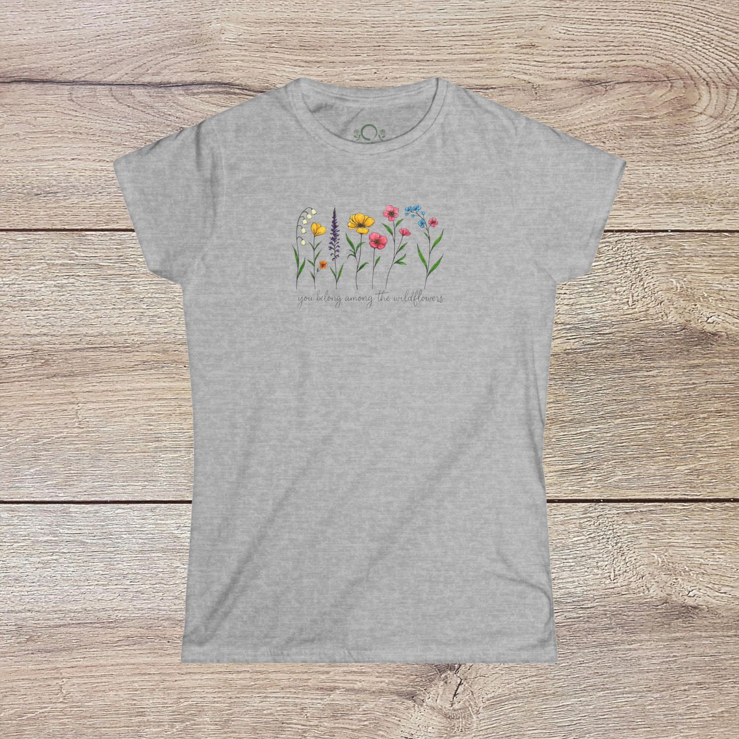 Wildflowers T-Shirt in soft gray showcasing a lovely floral design, crafted for comfort and durability with a smooth finish and ribbed collar.