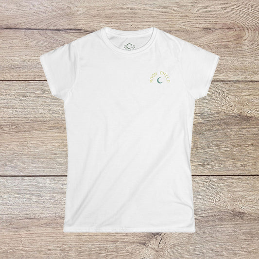 Front view of Moon Child T-Shirt showcasing its soft, slim-fit design with subtle moon and text detailing, a stylish choice for comfortable everyday outfits.