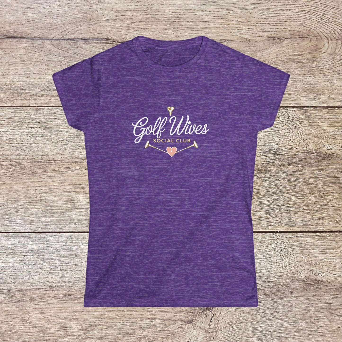 Golf Wives Social Club Tee in a trendy heather purple, featuring a charming graphic that embodies the spirit of the golfing lifestyle.