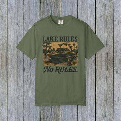 Unisex Garment-Dyed Lake Rules Tee in olive green color showcasing a lake setting with 'Lake Rules: No Rules.' text, made from soft vintage fabric, ideal for outdoor enthusiasts.