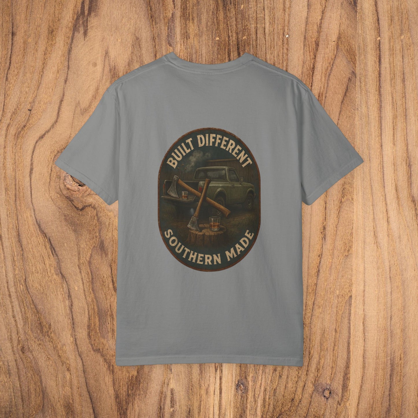 Back view of Premium Southern Made T-Shirt in grey, with 'BUILT DIFFERENT' logo design, highlighting stylish casual wear options in multiple sizes.