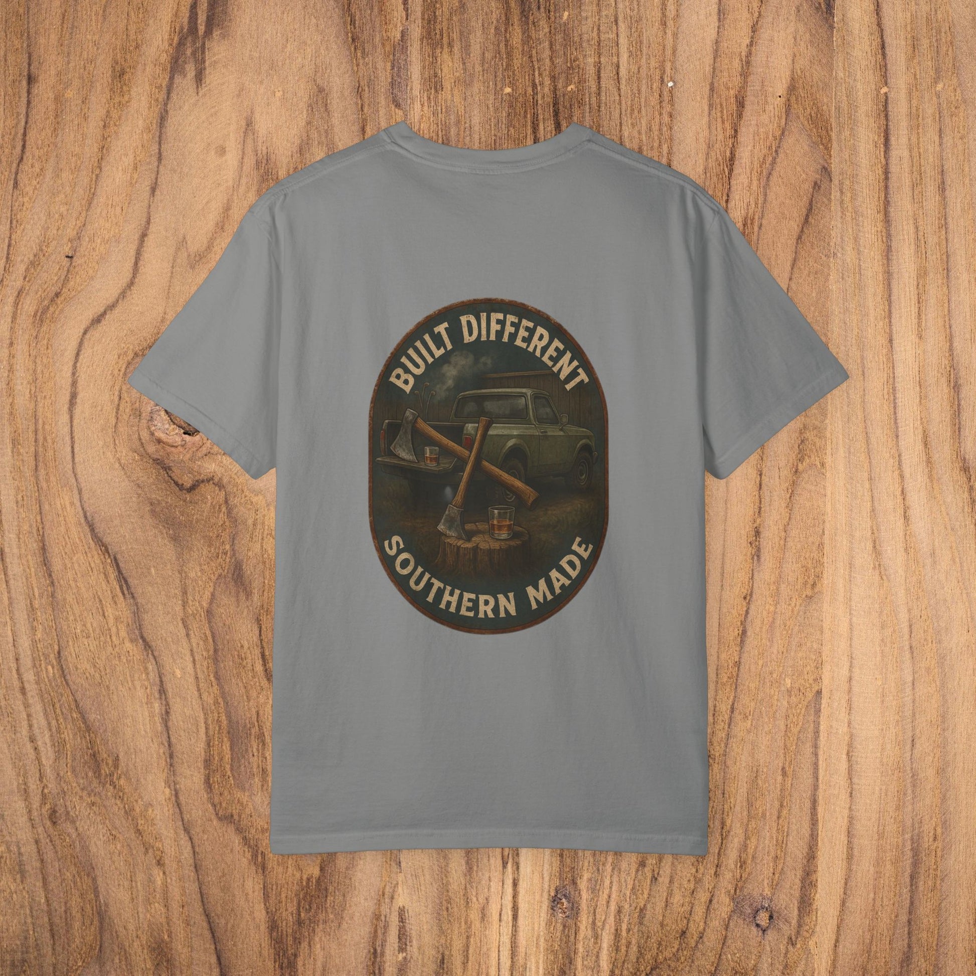 Back view of Premium Southern Made T-Shirt in grey, with 'BUILT DIFFERENT' logo design, highlighting stylish casual wear options in multiple sizes.