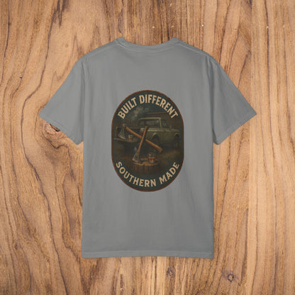 Back view of Premium Southern Made T-Shirt in grey, with 'BUILT DIFFERENT' logo design, highlighting stylish casual wear options in multiple sizes.