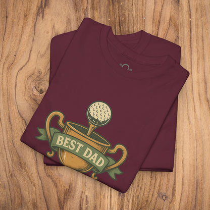 Best Dad Trophy T-Shirt in maroon color with a prominent golf trophy graphic, designed for comfort with high-quality cotton fabric.
