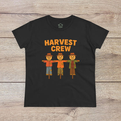 Harvest Crew Halloween T-Shirt in black displaying a fun depiction of three scarecrows, designed for comfort and style with 100% ring-spun cotton.