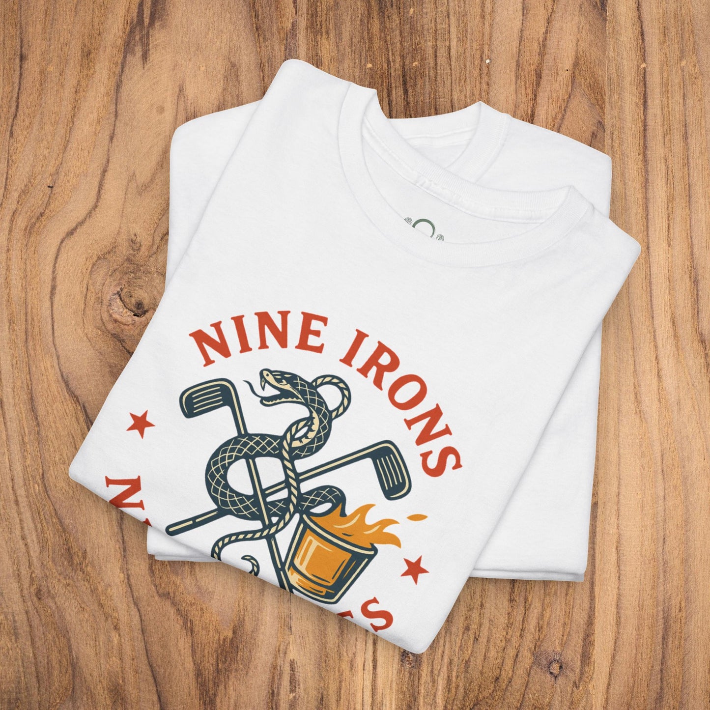 Golf-Themed 100% Cotton T-Shirt in white, adorned with a fun 'NINE IRONS' design and golf graphics, great for casual wear and an ideal gift for dads who love golf.