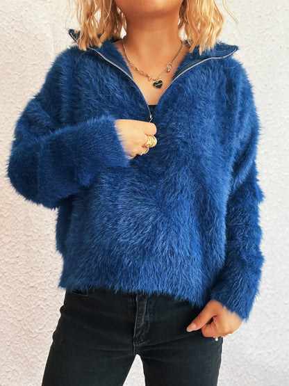 Model wearing the blue Cozy Fuzzy Half-Zip Sweater for Women, demonstrating the chic and cozy design, perfect for all-day comfort.