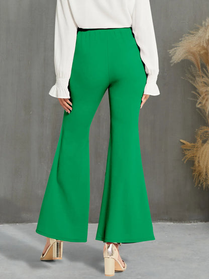 Stylish High Waisted Flare Pants with Decorative Buttons - Back view in green, capturing the comfortable waistband and stylish flare for an elegant look.