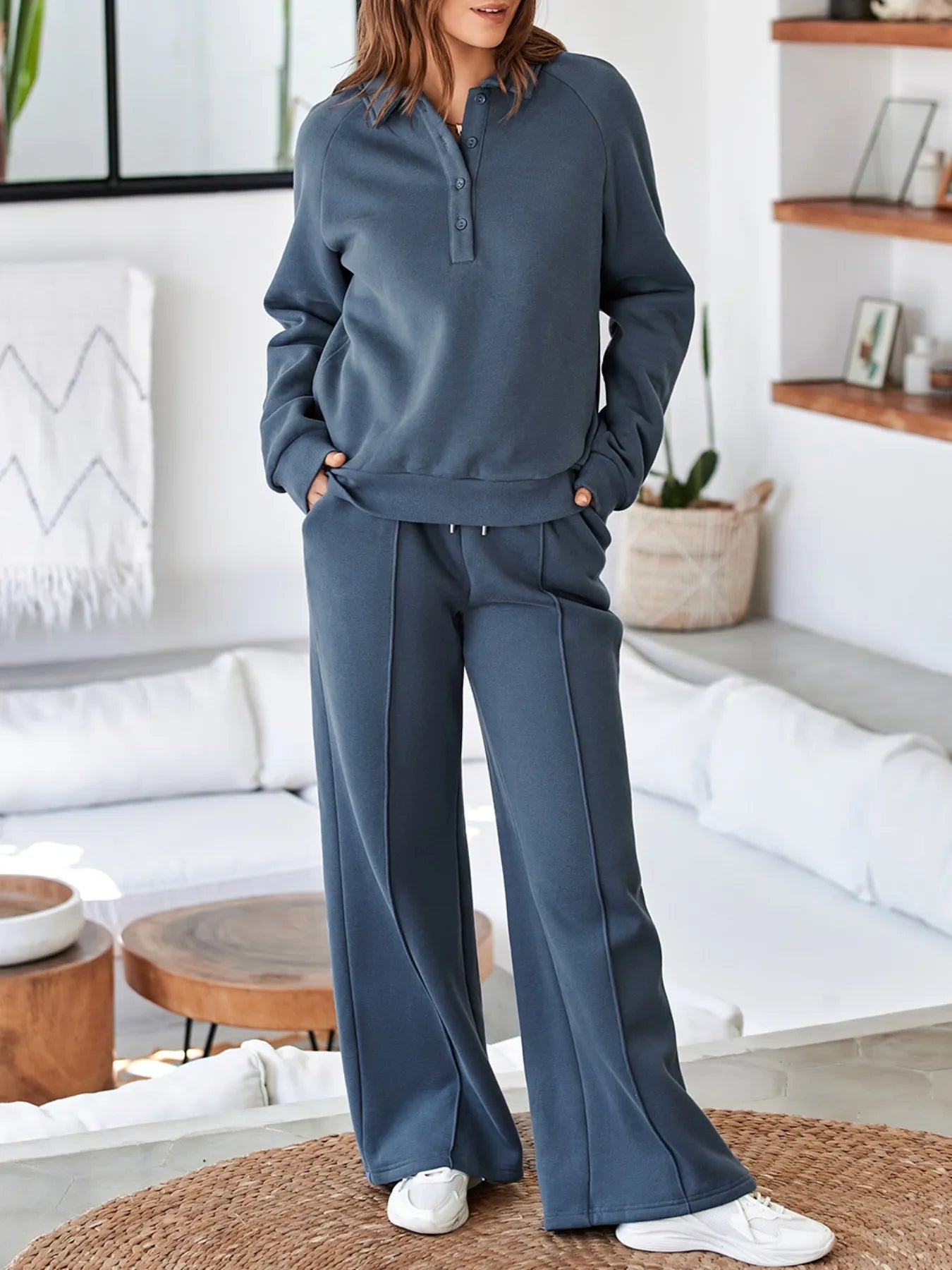 Another angle of the model in the Trendsi Collared Sweatshirt & High Waist Pants Two-Piece Active Set - Soft Cotton Blend, highlighting the comfortable fit and design.