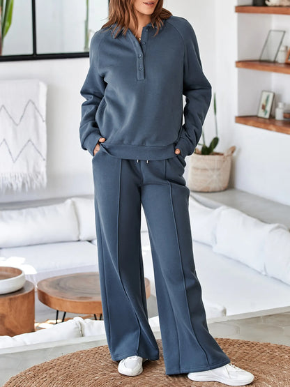 Another angle of the model in the Trendsi Collared Sweatshirt & High Waist Pants Two-Piece Active Set - Soft Cotton Blend, highlighting the comfortable fit and design.