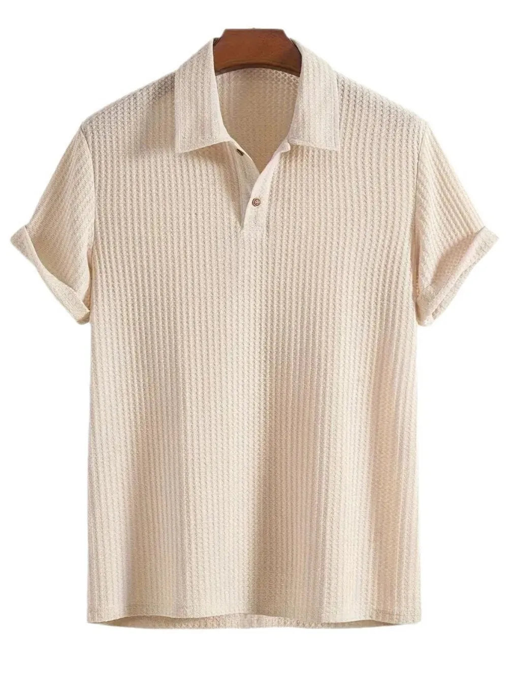 Men's Short Sleeve Polo Shirt with Waffle-Knit Texture in beige color, featuring a collared neck and made from 100% polyester, perfect for casual wear.