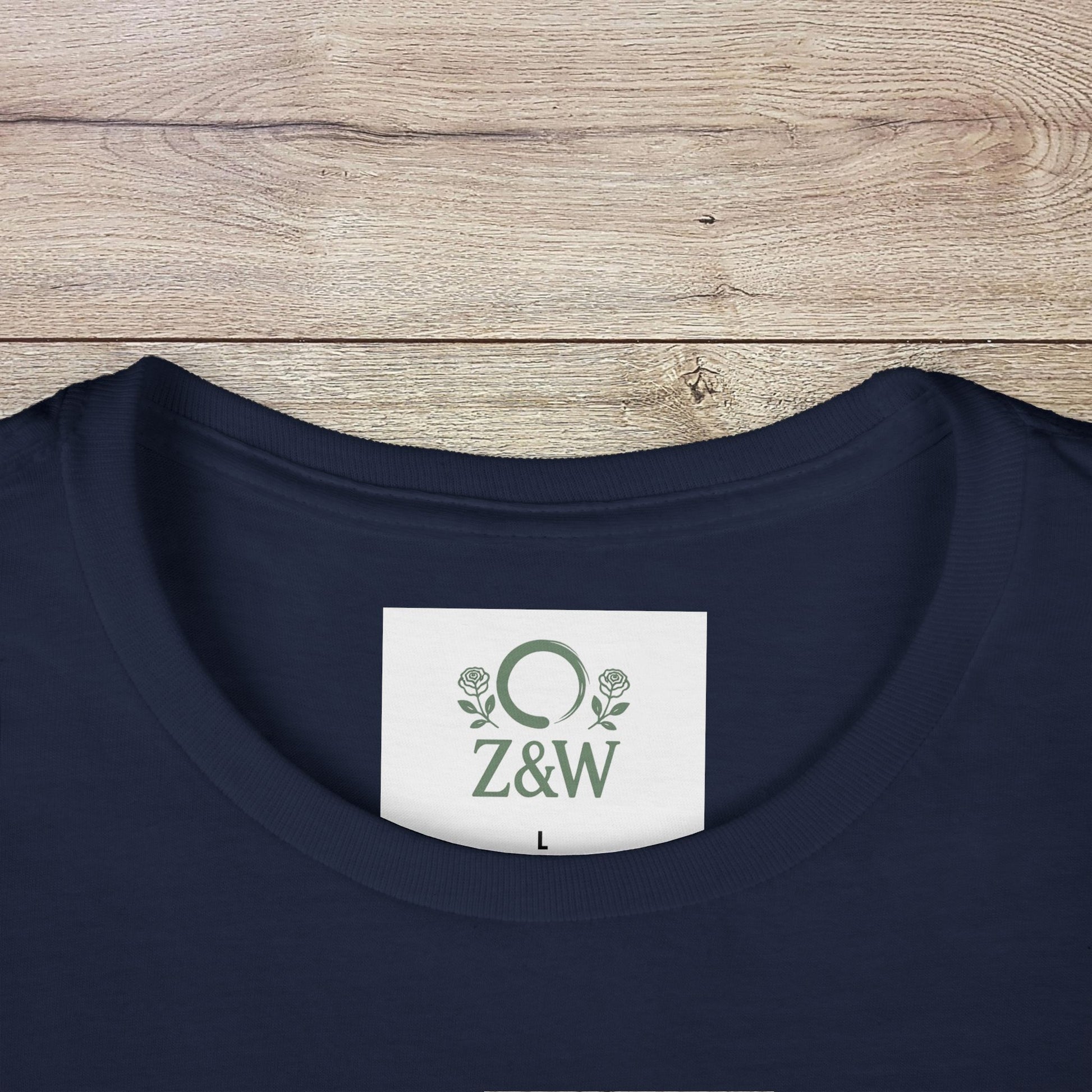 Close-up of the collar label of Sippin' Through The Seasons Slim Fit Tee in navy, displaying the brand logo.