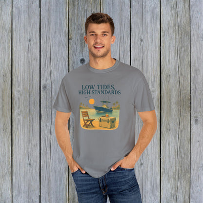 Garment-Dyed Low Tides High Standards T-Shirt worn by a model, showcasing a relaxed style with vibrant graphic design, perfect for casual outings.
