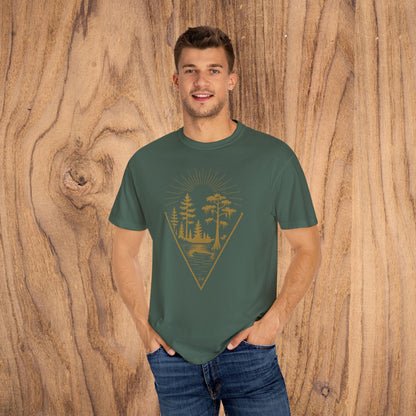 Nature Outdoor Vibes Tee in forest green, featuring a vibrant graphic of trees and sun rays, showcasing soft 100% US cotton material in a comfortable fit. Available in sizes S-4XL.
