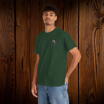 Model wearing Spooky Halloween Graphic Tee in green color - Unisex cotton shirt with a unique ghosts print, perfect for casual Halloween celebrations.