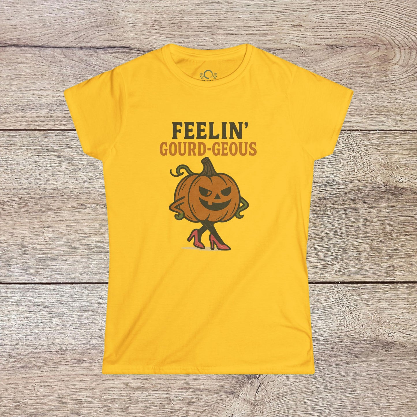 Gourd-geous Halloween Pumpkin T-Shirt in vibrant yellow, featuring a playful pumpkin character in heels, perfect for unisex fall fashion and spooky apparel.
