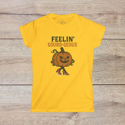 Gourd-geous Halloween Pumpkin T-Shirt in vibrant yellow, featuring a playful pumpkin character in heels, perfect for unisex fall fashion and spooky apparel.