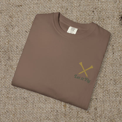 Folded Tee It High Let It Fly Graphic Tee in brown, featuring crossed golf clubs on the chest. A great choice for casual wear.
