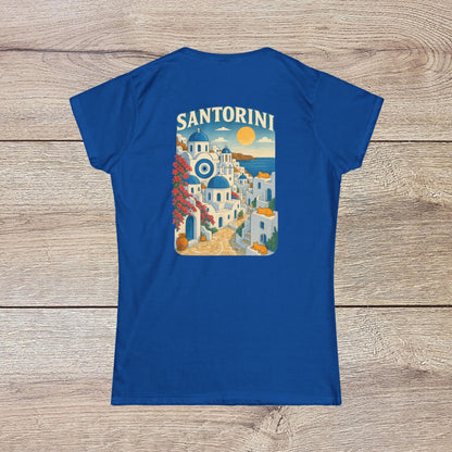 Santorini Tee - Back view of the tee in blue, highlighting a vibrant graphic illustration of Santorini, reflecting its eco-friendly and stylish design.