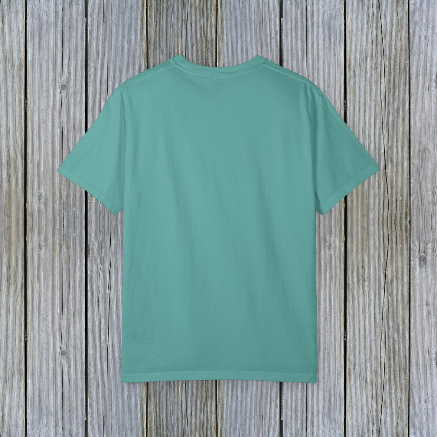 Back view of the Unisex Garment-Dyed Lake Rules Tee in a soft teal shade, designed for comfort and style in outdoor adventures.