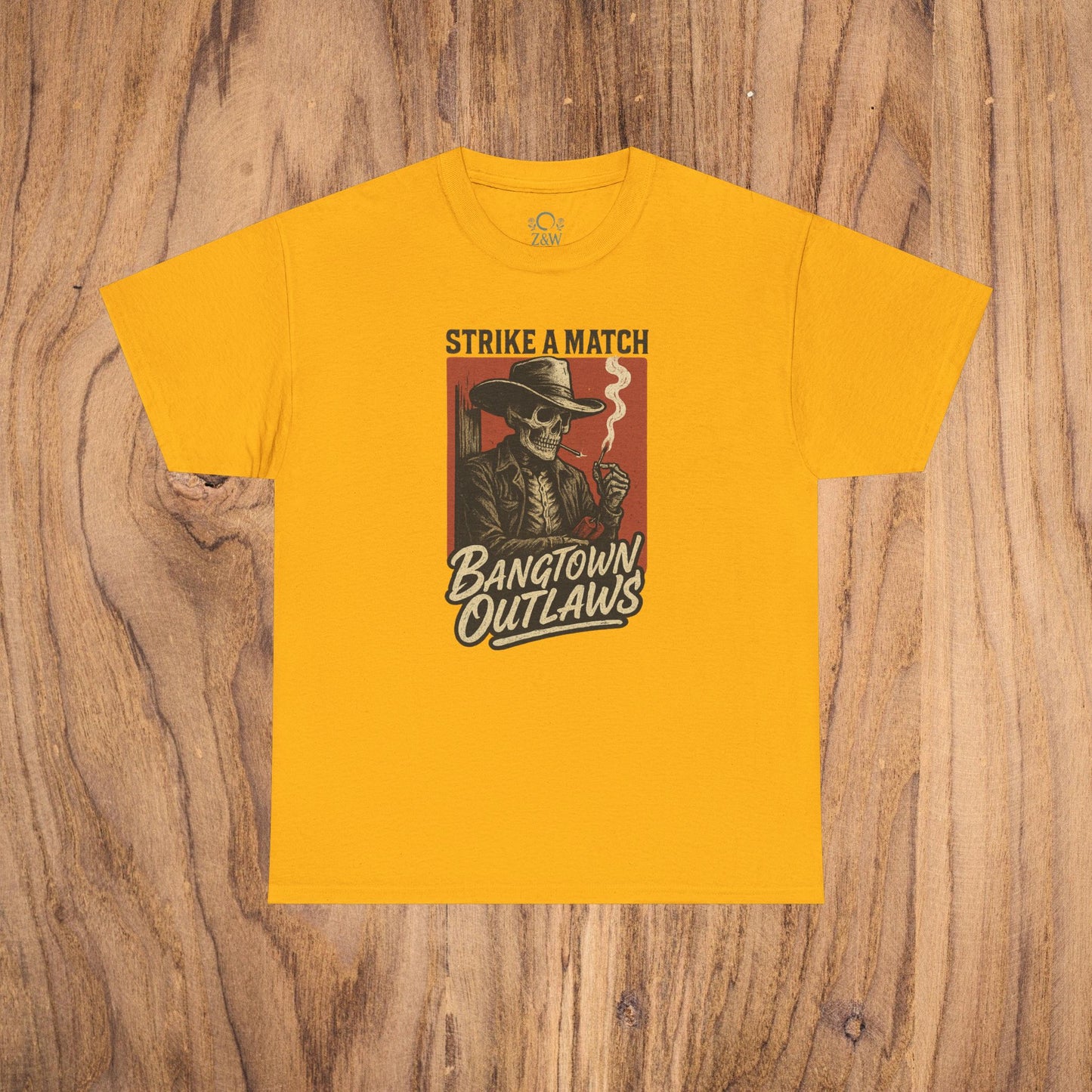 Bangtown Outlaws Retro Casual Party Shirt in yellow showcasing a retro-inspired design with a skeleton and the wording 'Strike a Match' for parties and casual wear.