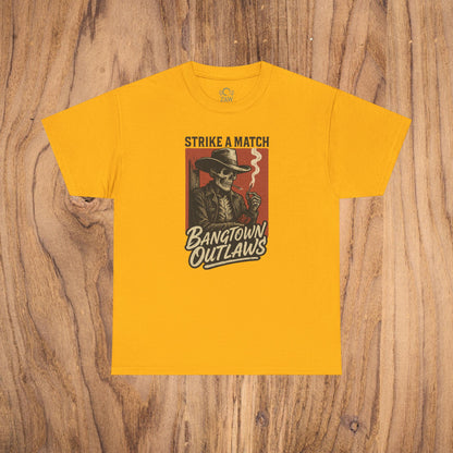 Bangtown Outlaws Retro Casual Party Shirt in yellow showcasing a retro-inspired design with a skeleton and the wording 'Strike a Match' for parties and casual wear.