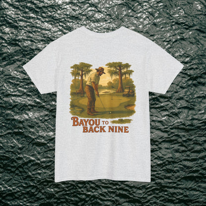 Bayou To Back Nine Softstyle Golf Tee on a heather gray shirt, featuring a vintage golfer graphic, suitable for casual occasions.