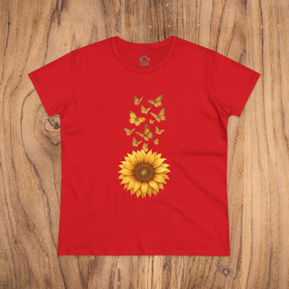 Sunflower & Butterflies Cotton Tee for Women in bold red, showcasing an artistic sunflower and butterflies graphic, crafted from 100% soft cotton for a durable and comfortable wear.