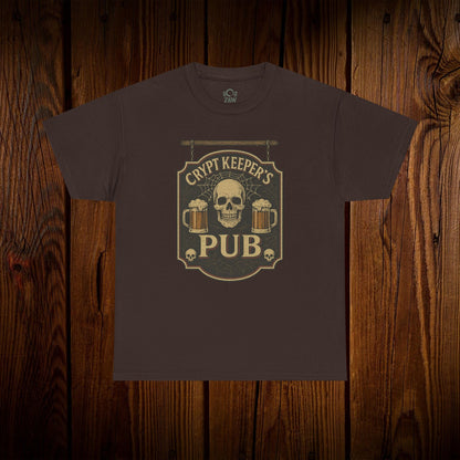 Crypt Keeper's Pub Tee in dark brown color, featuring a skull and beer mugs design, perfect for Halloween, pub crawls, and casual wear.