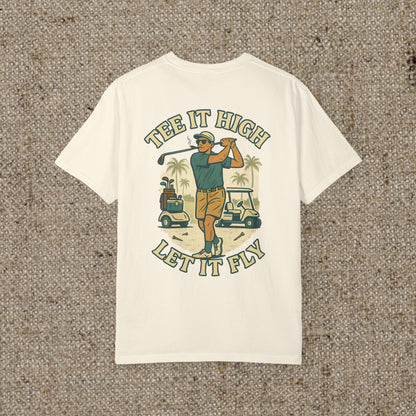 White version of the Tee It High Let It Fly Graphic Tee displaying a golfer and the phrase 'Let it Fly', ideal for a fresh and stylish look.
