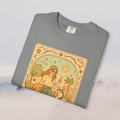 Animal Lover Tarot Tee in soft gray, displaying a charming illustration of a person with dogs under the sun, made from eco-friendly 100% cotton for comfort and durability.