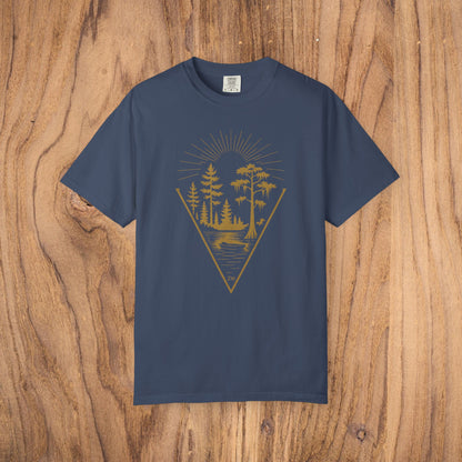 Nature Outdoor Vibes Tee in navy blue, designed with a peaceful woodland illustration, offering seamless comfort with 100% US cotton.
