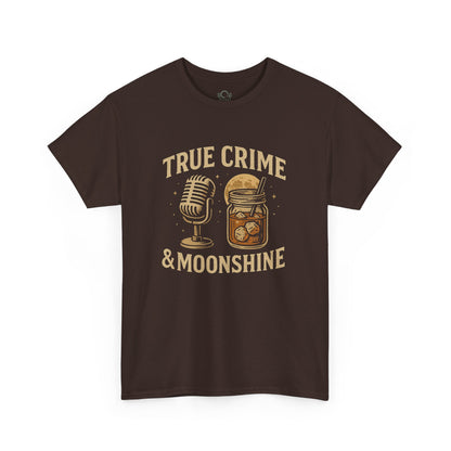 Front view of the True Crime & Moonshine Unisex Graphic Tee featuring stylish graphics of a microphone and a moonshine jar, ideal for true crime lovers.