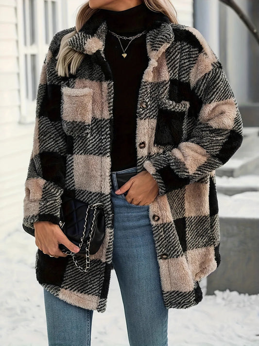 Trendy oversized button down plaid teddy coat with pockets, crafted from thick 100% polyester, featuring a stylish black and beige checkered pattern, perfect for comfort and warmth in winter fashion.
