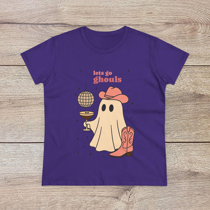 Let's Go Ghouls Tee in deep purple showcasing a playful ghost character with a drink and cowboy hat, ideal for spooky season and stylish comfort.