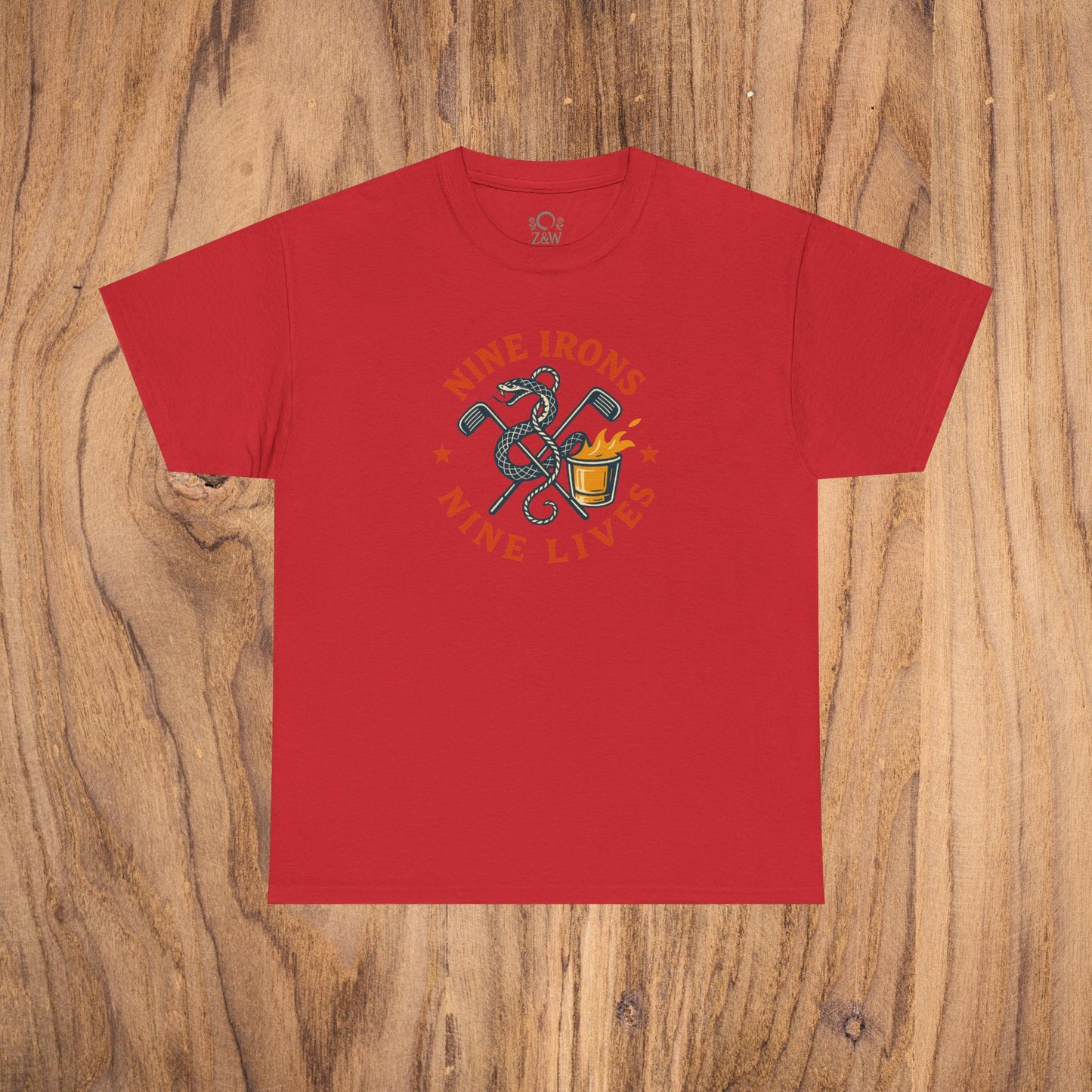 Golf-Themed 100% Cotton T-Shirt in red color with 'Nine Irons Nine Lives' printed design, perfect for golf lovers seeking fun casual wear and thoughtful gifts for dads.