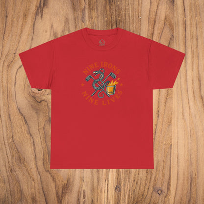 Golf-Themed 100% Cotton T-Shirt in red color with 'Nine Irons Nine Lives' printed design, perfect for golf lovers seeking fun casual wear and thoughtful gifts for dads.