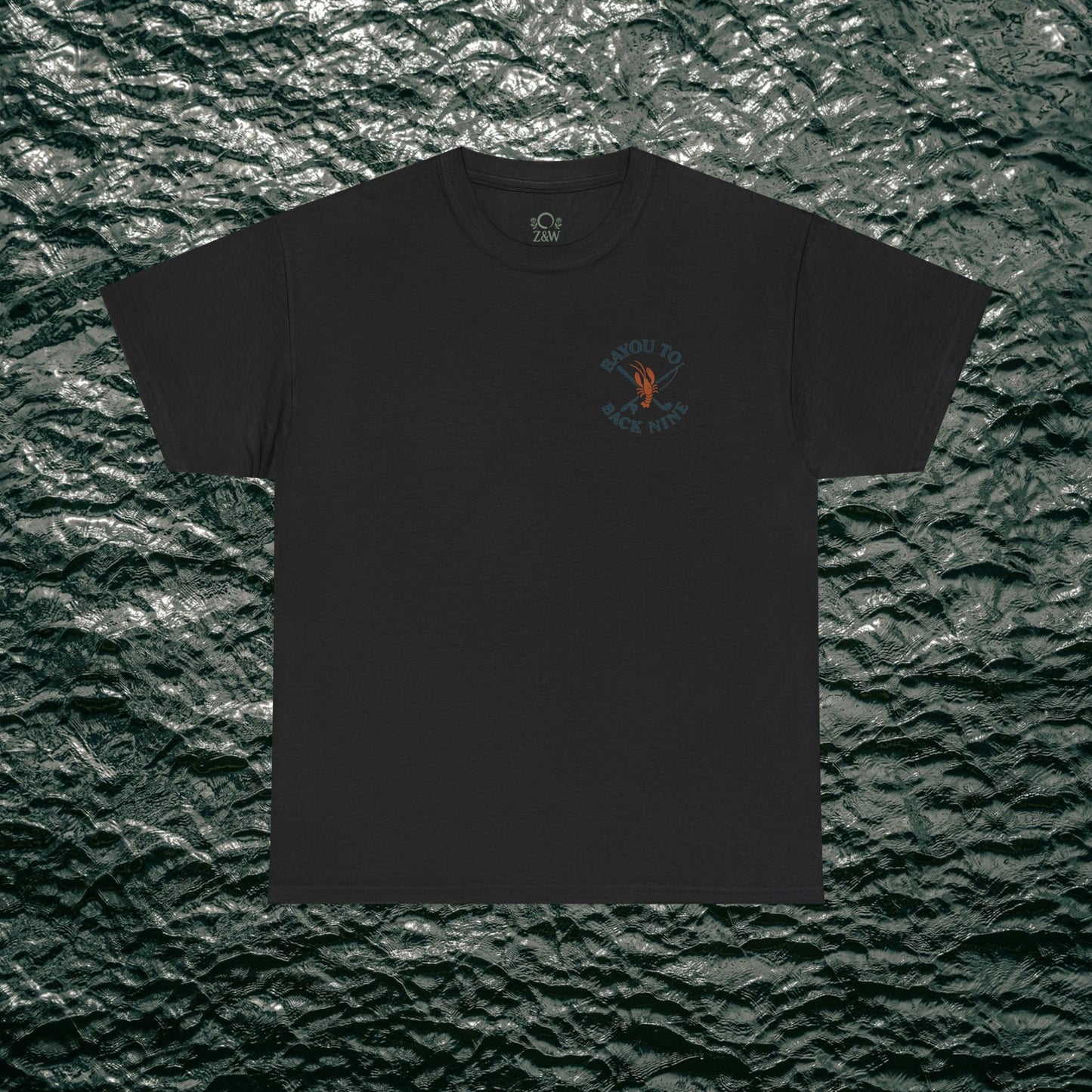 Bayou To Back Nine Softstyle Golf Tee displayed in black, emphasizing its comfortable fit and aesthetic appeal for golfing or casual wear.