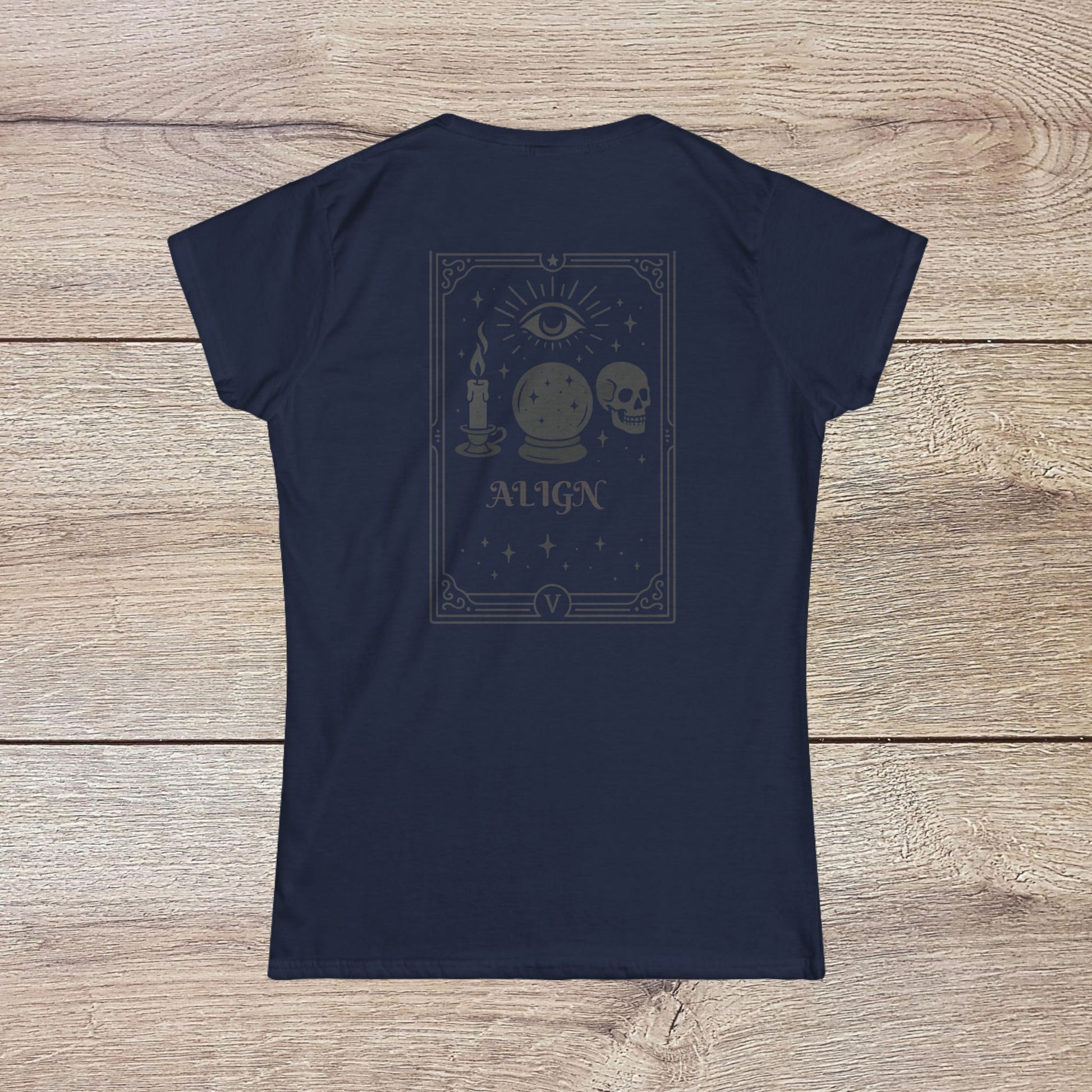 Eco-Friendly Align Tee in navy, showcasing a whimsical back graphic with a candle, crystal ball, and skull, perfect for custom embroidery options.