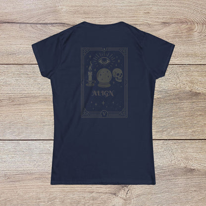 Eco-Friendly Align Tee in navy, showcasing a whimsical back graphic with a candle, crystal ball, and skull, perfect for custom embroidery options.