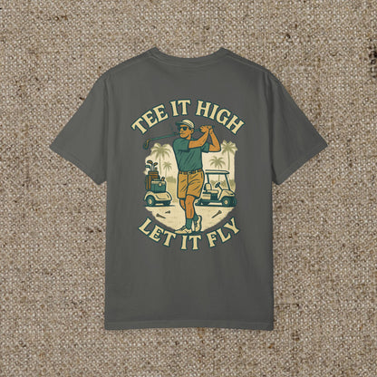 Dark gray Tee It High Let It Fly Graphic Tee, featuring a sporty golf design on the back, perfect for men who enjoy golf and want a stylish yet comfortable outfit.