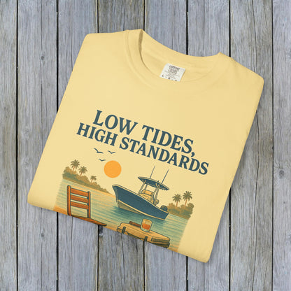 Garment-Dyed Low Tides High Standards T-Shirt in soft yellow, featuring an eye-catching boat graphic and perfect for expressing your relaxed vibe.