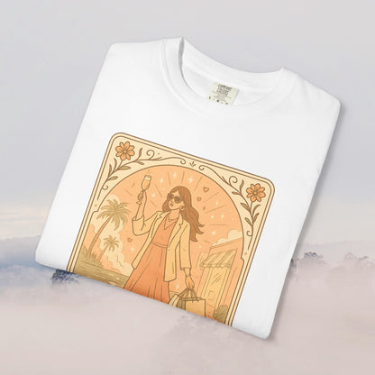 Brunch Babe Tarot Graphic Tee in classic white, displaying a chic woman holding a drink, perfect for casual wear, made from 100% cotton for comfort.