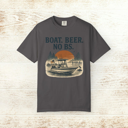 Boat Beer No BS Tee in dark gray color featuring a boat silhouette against a sunset background. Perfect for casual outings and boat enthusiasts.