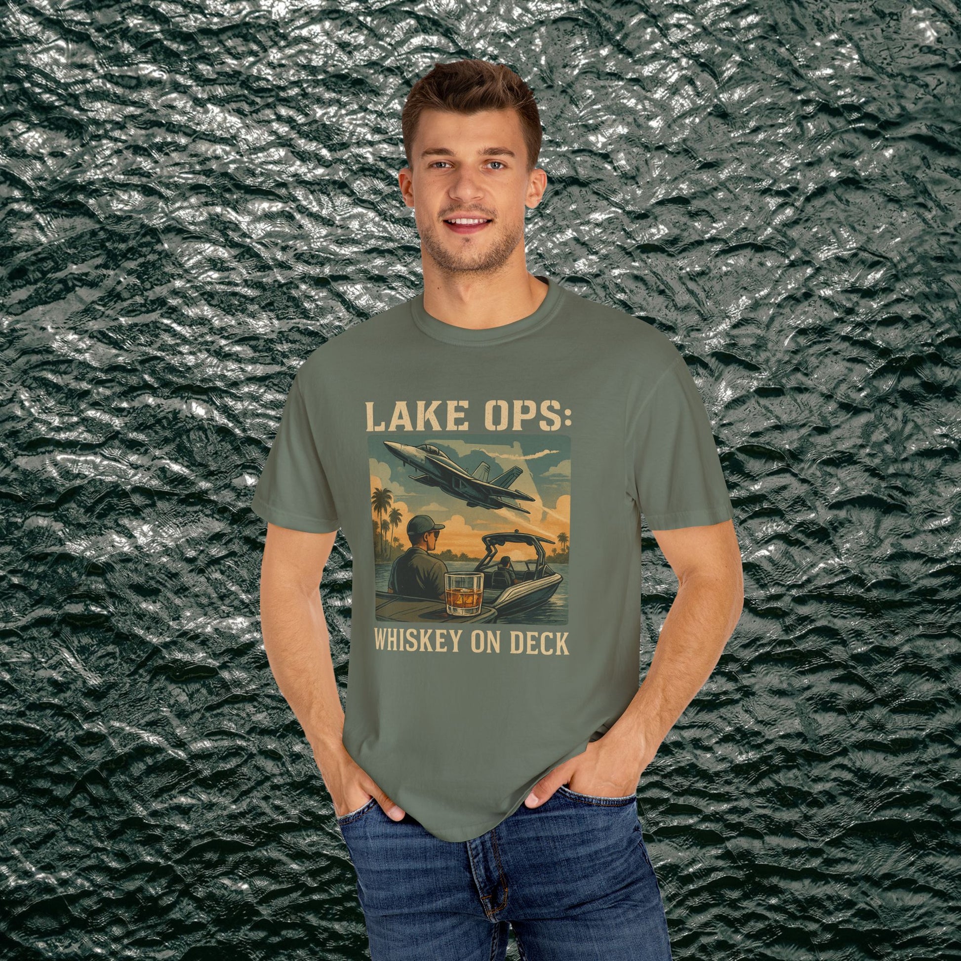 Garment-Dyed Comfort Tee For Adults in olive green, equipped with a bold 'Lake Ops: Whiskey On Deck' print for a trendy, relaxed vibe.
