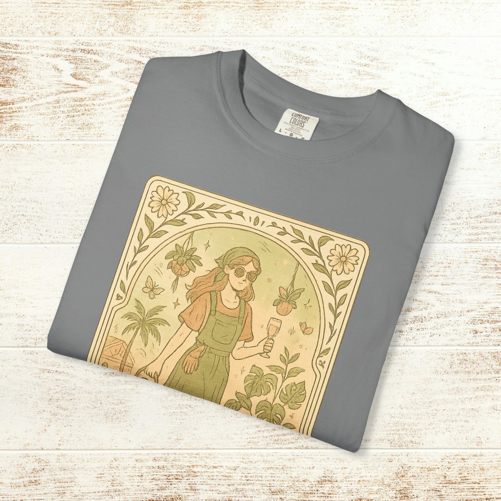 Rooted One Tarot Tee in gray, featuring a captivating design of a girl with sunglasses in a floral setting, created from ethically sourced cotton, available in sizes S-4XL.