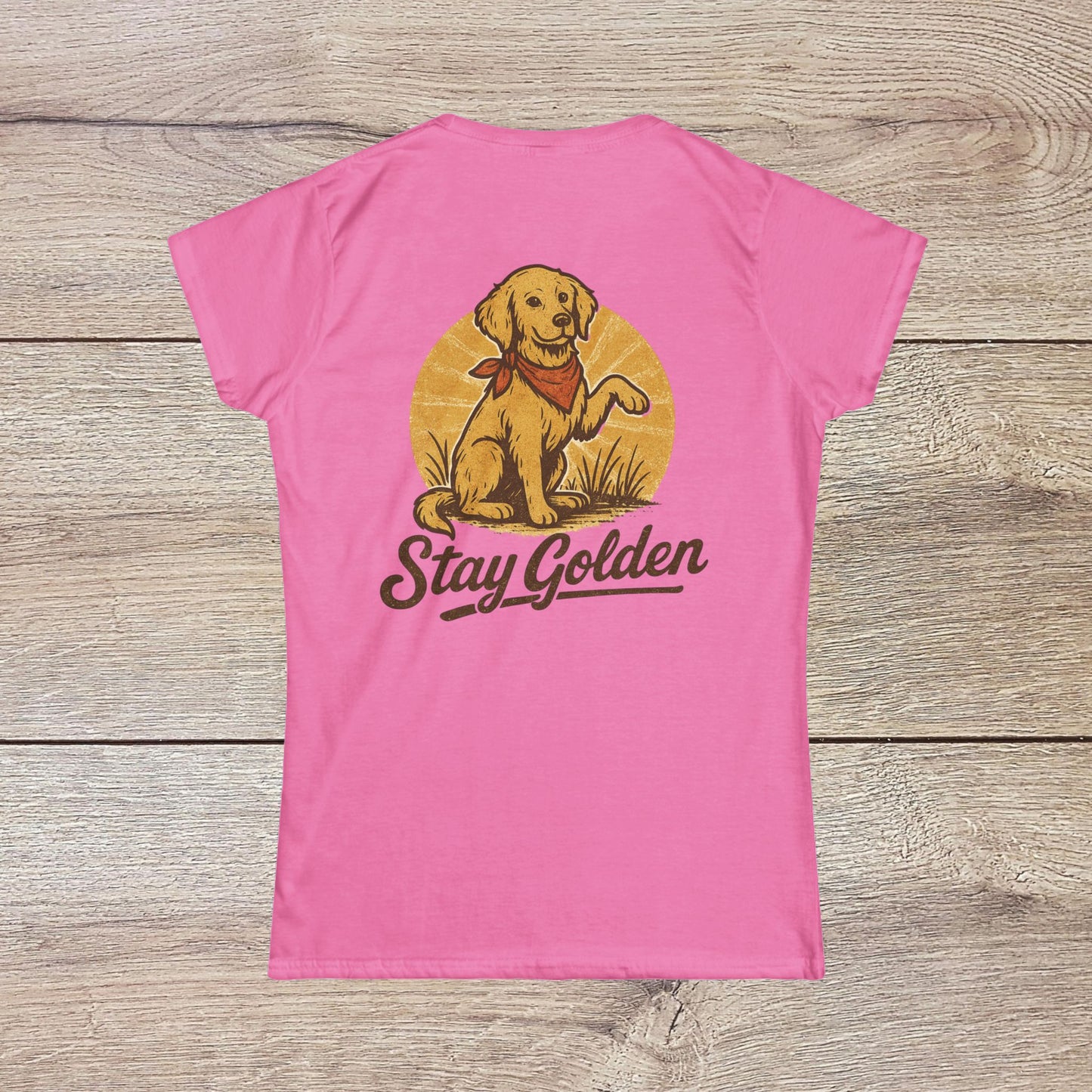 Stay Golden Dog Tee featuring a playful illustration of a dog with a bandana, highlighting the soft cotton blend fabric and slim fit design.
